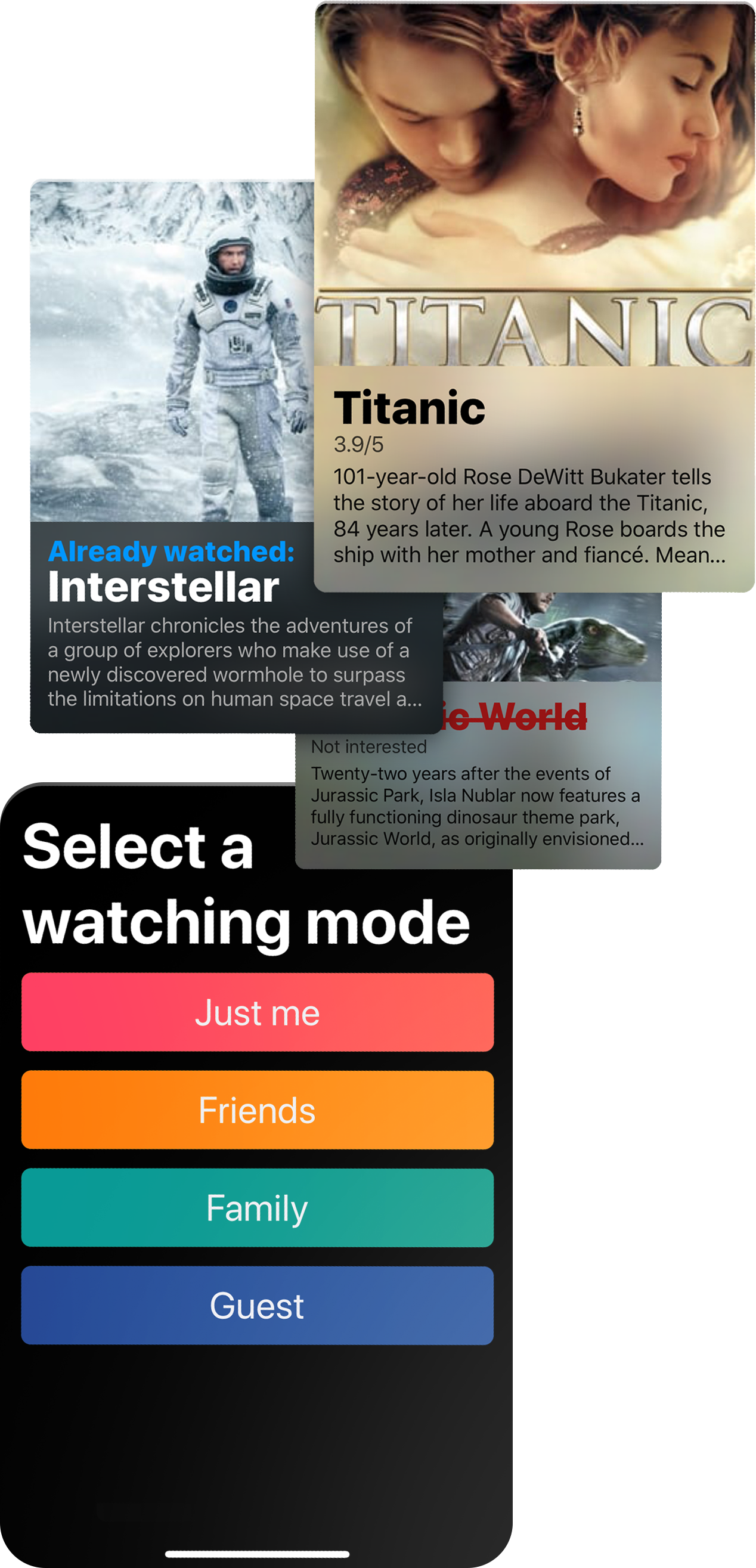 Pickafilm watch modes screens